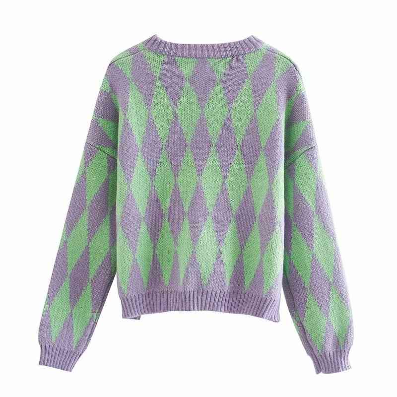 sweet green plaid women cardigan spring fashion o neck ladies sweaters casual button-fly female knitwears girls chic 210430