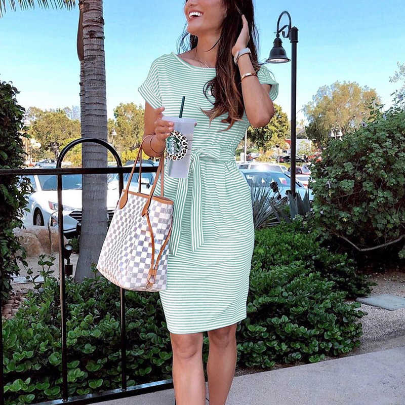Women Elegant Knotted Midi Summer Dress Female Fashion Vacation Striped Short Sleeve Pocket Casual Dress 210702