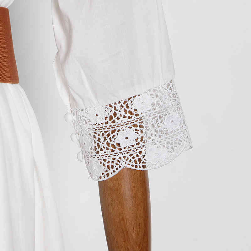 Temperament Patchwork Lace Tassel Dress For Women Stand Collar High Waist Sashes Hollow Out Vintage Dresses Female 210520