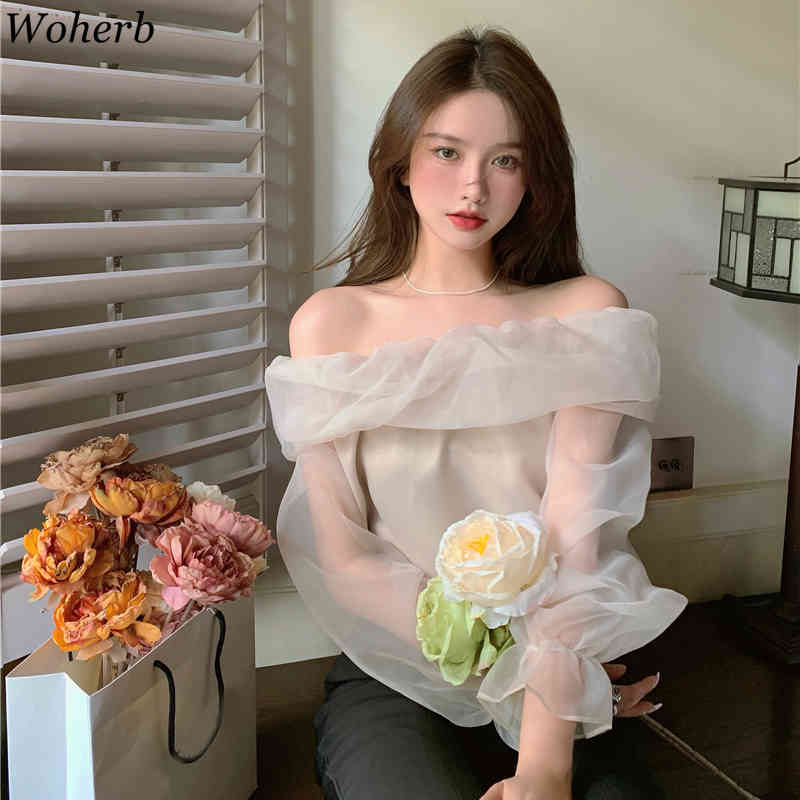 Romance Sweet Tops Blouses Sexy Off Shoulder Mesh Shirt Slim Femme Puff Sleeves Korean Chic Elegant Blusas 210519