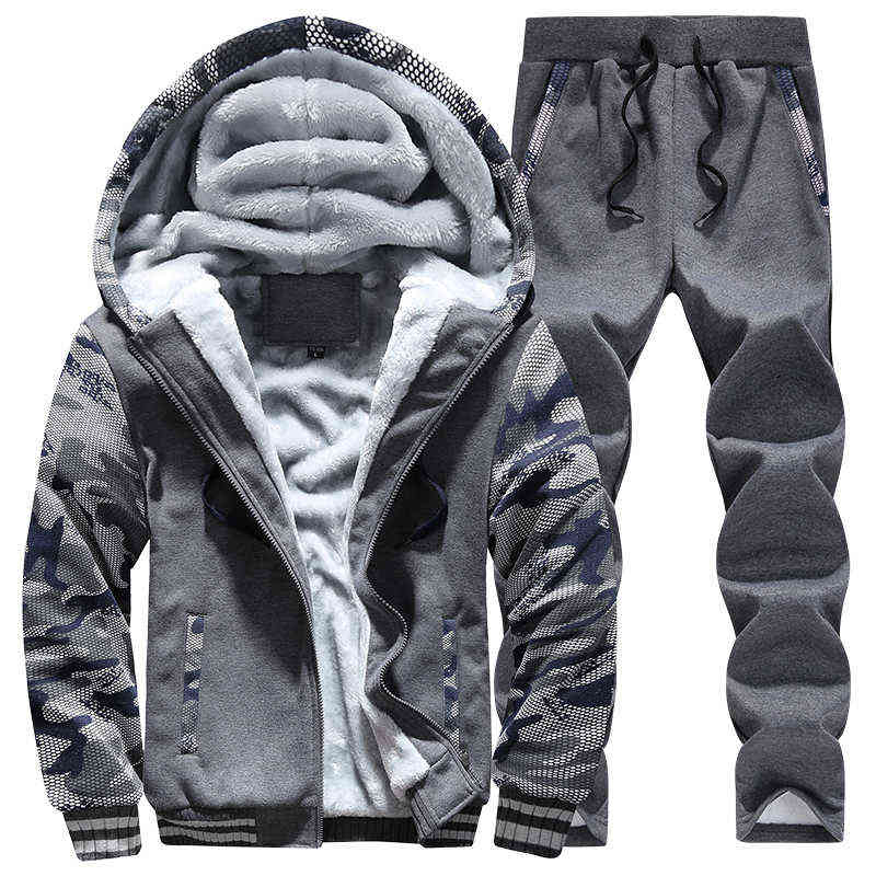 Winter Inner Fleece Hoodies Men Casual Hooded Warm Sweatshirts Male Thicken Tracksuit 2PC Jacket+Pant Men Moleton Masculino 211116