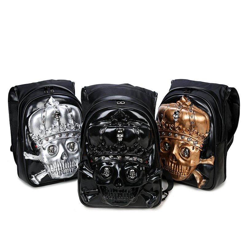 Mens Back Pack Bags With Hood Cap 3D Fashion Personality Skull Leather Backpack Rivets Apparel Bag Japanese Handbags For women Schoolbags