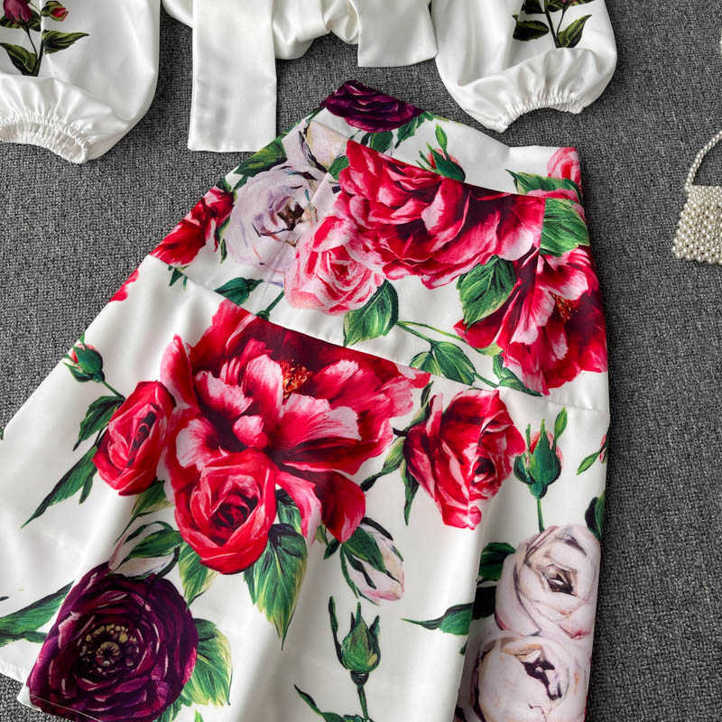 DEAT Women White Floral Lapel Lantern Sleeve Skirt Arrivals Short Two Piece Set Fashion Spring Summer 11D336 210709