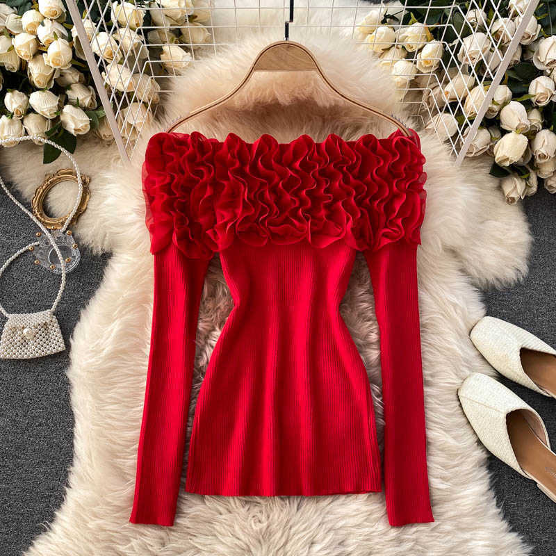 Autumn Winter Women Knitted Sweater Mesh Ruffled Petal Slash Neck Off Shoulder Long Sleeve Slim Knit Top Chic 210603