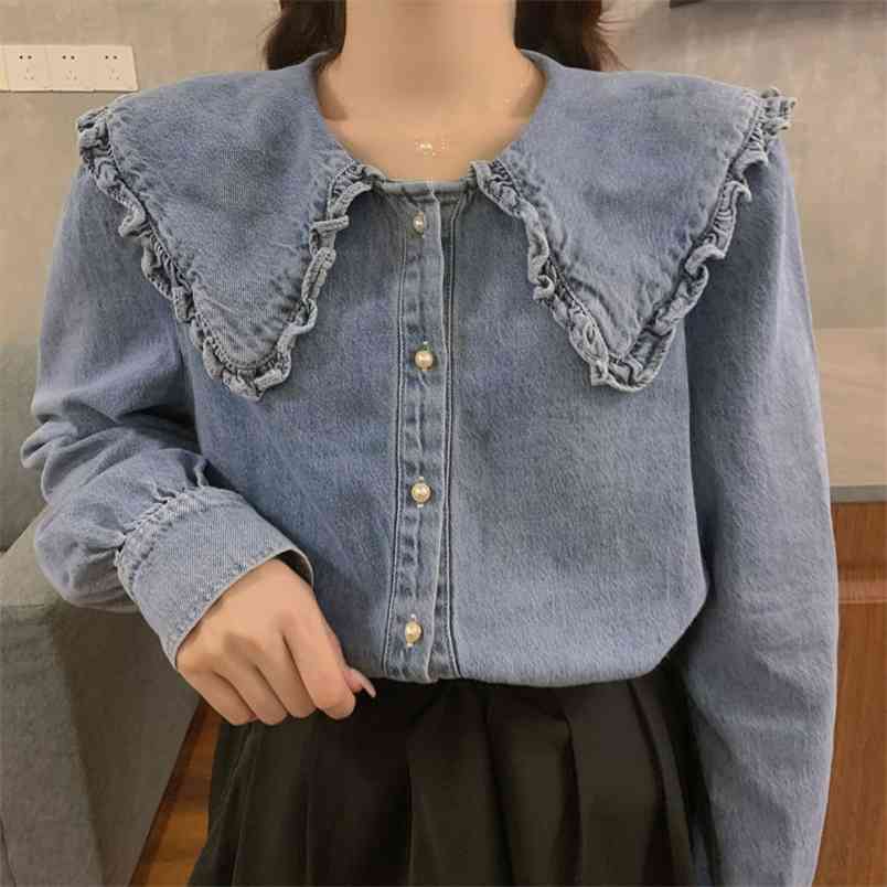 Arrival Spring Autumn Preppy Style Women Long Sleeve Loose Denim Shirts Peter Pan Collar Ruffles Cute Blouse Plus Size V90 210512