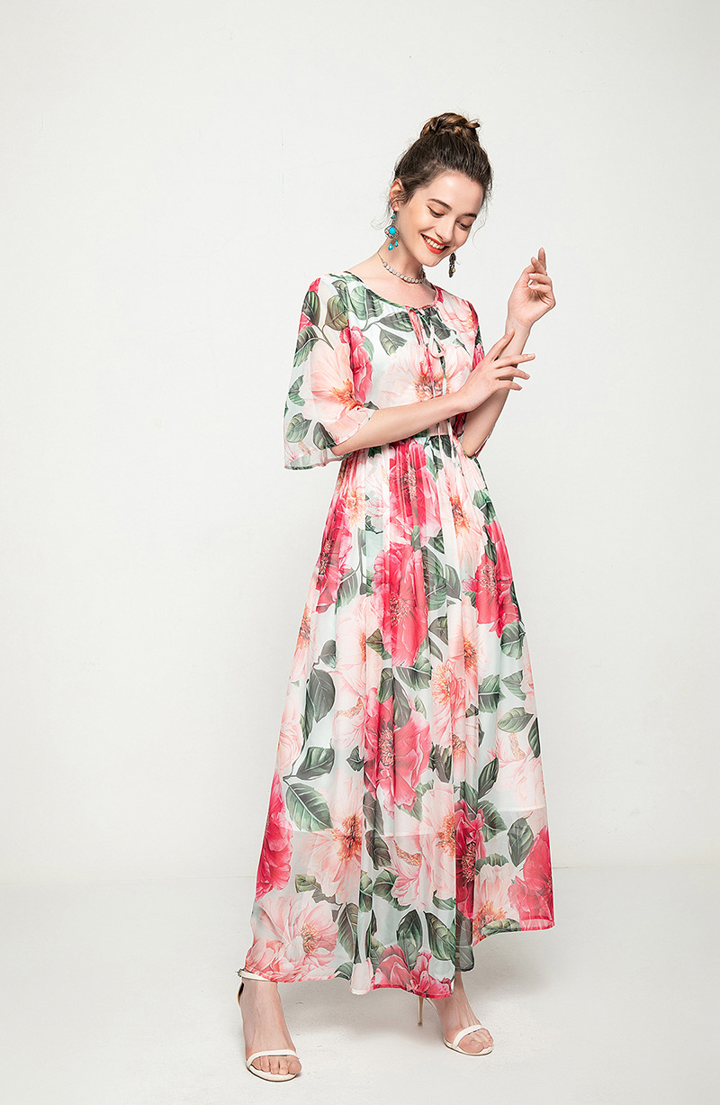 Women's Runway Dress O Neck Short Sleeves Lace Up Floral Printed Elegant Long Dresses Vestidos