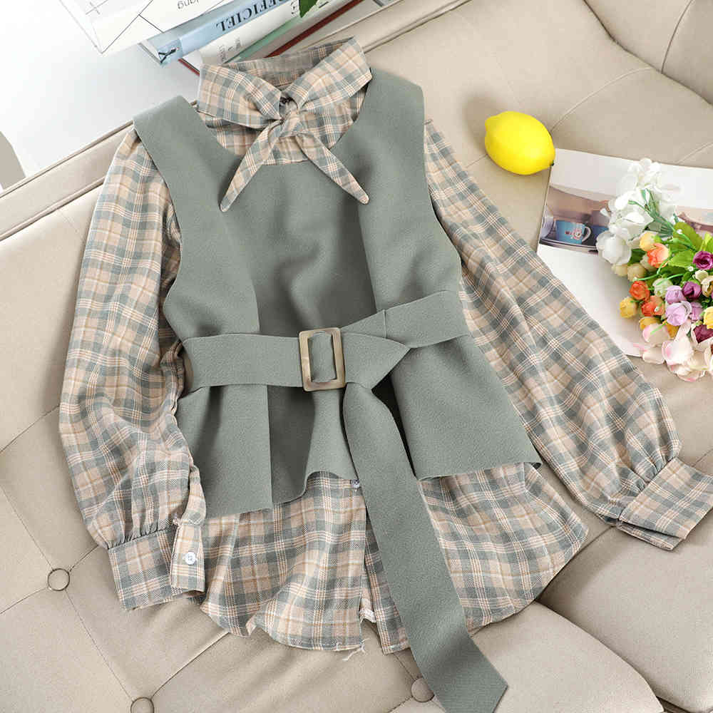 Vintage Two Pieces Set Women Paid Blouse + Belt Vest Korean Fashion Chic Outfits Casual 2 Piece Suit Mujer 210519