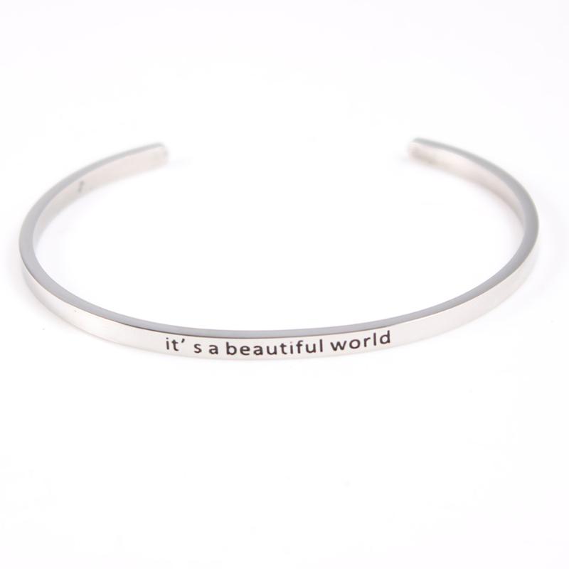 Bangle 2021 Stainless Steel Engraved It's A Beautiful World Message Inspirational Cuff Mantra Bracelet For Women Gifts
Bangle 2021 Stainless Steel Engraved It's A Beautiful World Message Inspirational Cuff Mantra Bracelet For Women Gifts