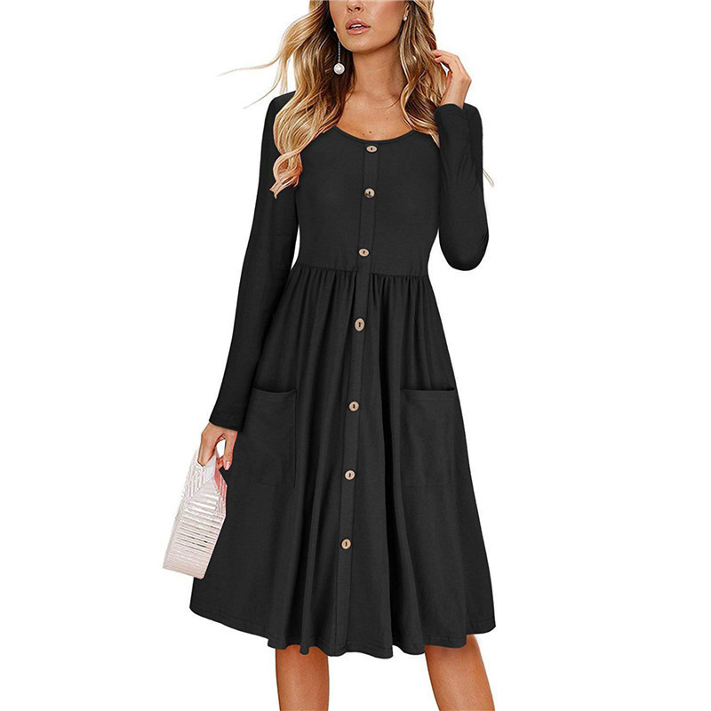 Women's Autumn Solid Color Round Neck Long Sleeve Bow Button Dress Temperament Office Worker Celebrity Style Plus Size 210522