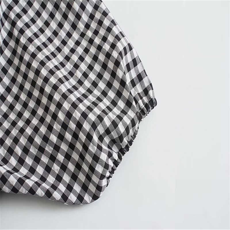 Za Summer Dress Women Short Puff Sleeve Gingham Vintgae Mini Dresses Woman Fashion Square Neck Button Up Paid Dress 210602