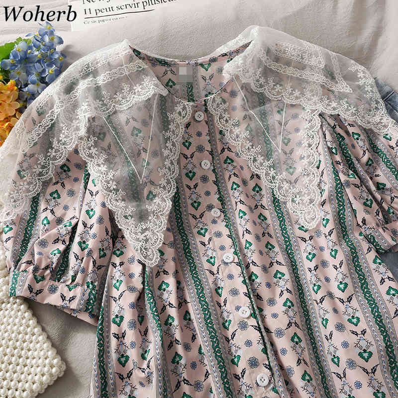 Lace Patch Turn Down Collar Women Blouse Flower Print Short Puff Sleeve Korean Chic Summer Shirt Vintage Blusa Mujer 210519