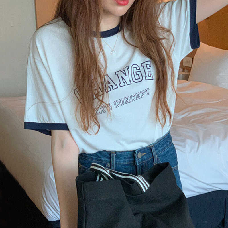 Korejpaa Women T-Shirt Summer Korean Chic Casual Hit Color Wrap Round Neck Letter Printing Loose Short-Sleeved Pullovers 210526