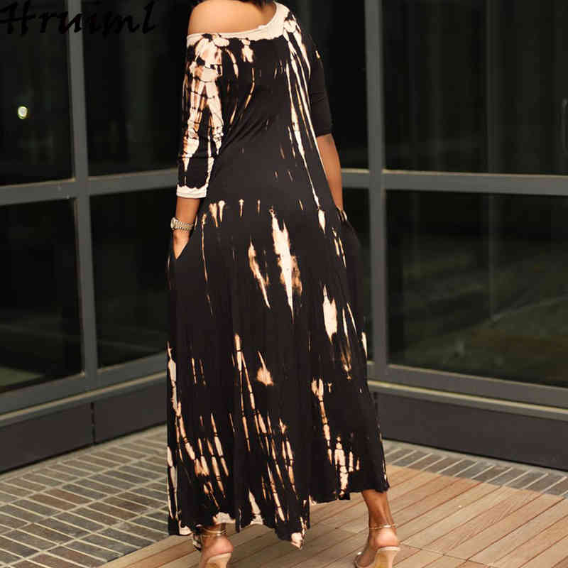Style Long Dress Wide Neck Tie-dye Women Pockets Casual Ankle-Length O-Neck Lrregular Hem Loose Vestidos Largos 210513