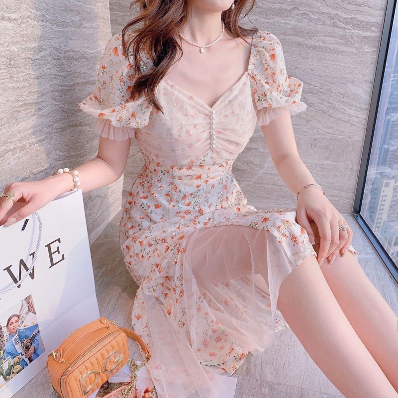 Lace Floral Dress Office Lady Short Sleeve Elegant Vintage Midi Dress Women Casual Beach Party Dress Korea Summer 210521