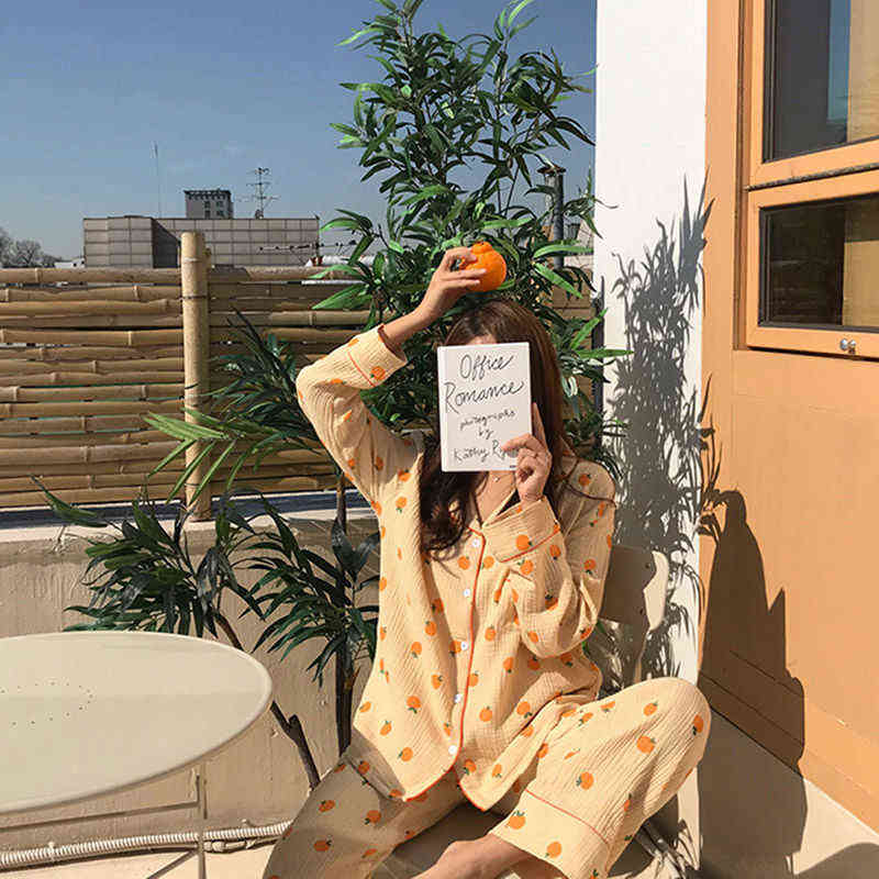 Cotton Home Suits Korean Sleepwear Orange Print Pajamas for Women Autumn Pijama Pyjamas Long Sleeve 2 Piece Set Pjs Drop 211118