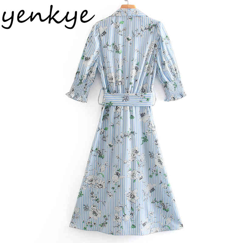 Spring Women Blue Striped Floral Print Shirt Dress Female Lapel Collar With Belt A-line Casual Vestido Plus Size 210430