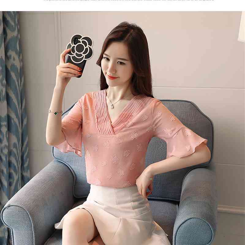 Summer Embroidery Organ Pleat Women Blouses Shirts V-neck Chiffon Shirt Short Sleeve Sweet Female Top Blusa 0391 40 210506