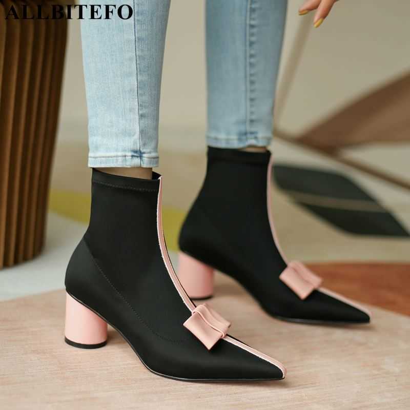 ALLBITEFO fashion sweet bowtie Elastic material barnd high heels ankle boots for woemn thick heels winter snow women boots 210611