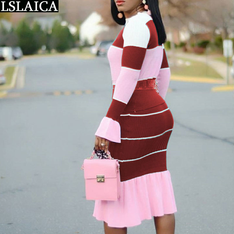 Fashion 2 Peice Set Women Autumn Patchwork Long Sleeve O Neck Sweater Midi Skirt And Top Conjuntos De Mujer Elegante 210520