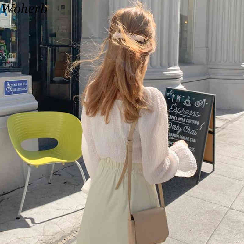 Korean Sweet Temperament Blouses Women Summer Flare Sleeve Bubble Cotton Shirts Chic V Neck Slim Fit White Tops 210519