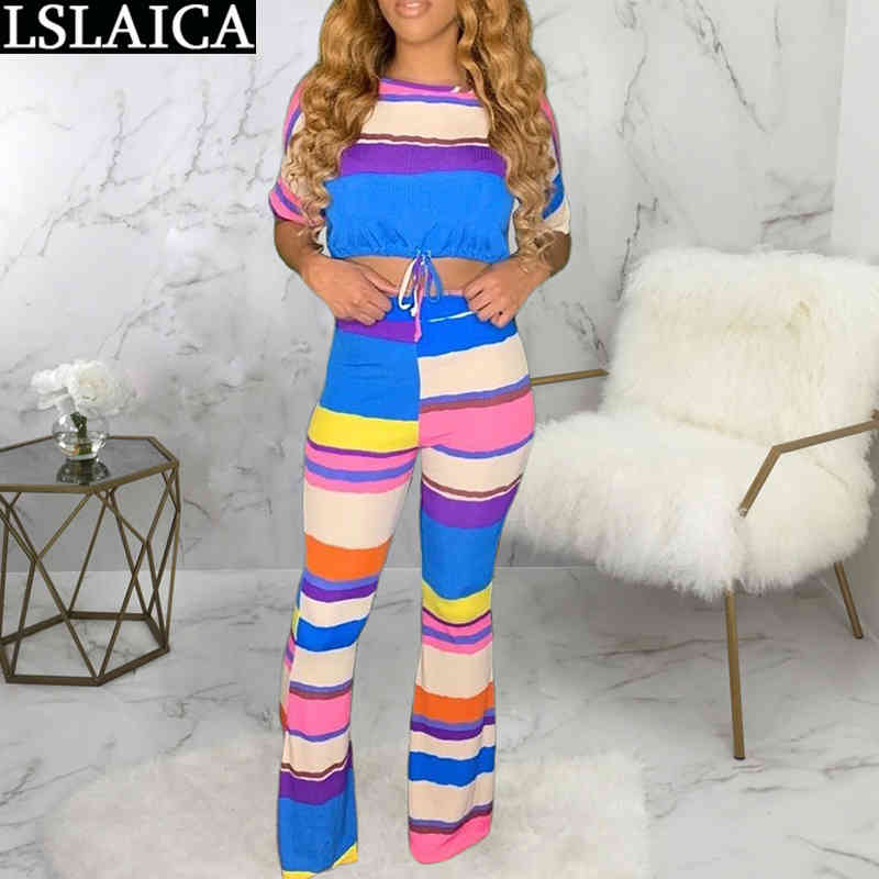 Two Piece Set Fashion Striped Printing Peice for Women Casual Drawstring Elastic Waist Pullover Tute Sportive Donna 210515