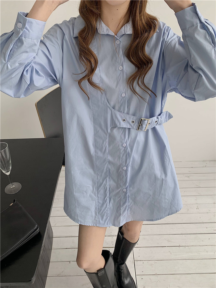 Korean Cotton Loose Long Shirt Women Full Sleeve Single-breasted Belted Blouses Solid Fashion High Street Female Blusas Tops 210514