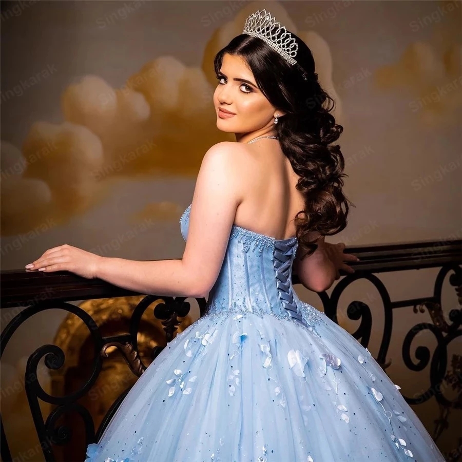 Light Blue Quinceanera Dress Princess Ball Gown Sweetheart Sleeveless 3D Flowers Beads Party Sweet 16 Vestidos De 15 Aos