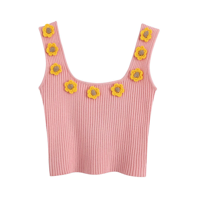 Women Sweet Fashion Floral Appliques Short Knitted Vest Vintage Sleeveless Sweater Girls Chic Jumpers 210520