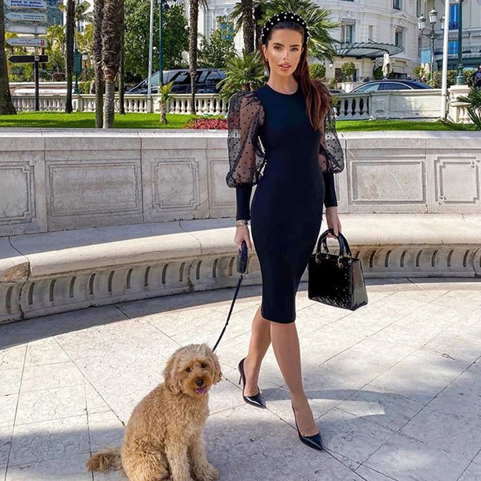 Free Women Black Bandage Dress Sexy Lace Long Lantern Sleeve Club Celebrity Runway Party Bodycon Vestido 210524