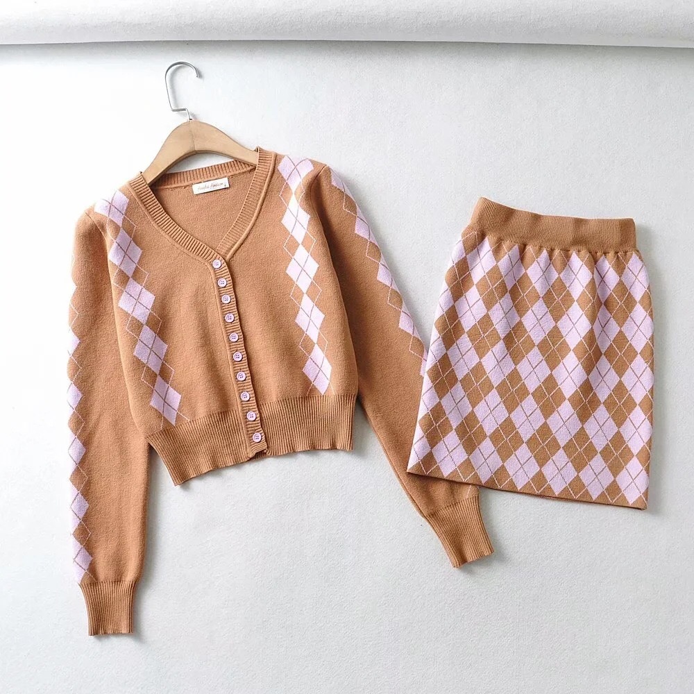 90s Vintage Argyle Plaid Knitted Cropped Cardigan 2 pcs 1 Set Crop Women Sweater Package Hips Mini Skirt Y2K Knitwear 210429