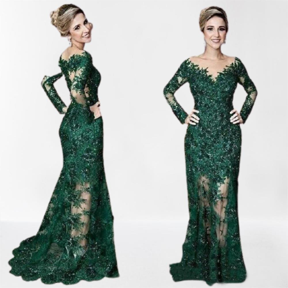 Newest Dark Green Mother of The Bride Dresses Sheer Jewel Neck Lace Appliques Long Sleeve Mermaid Formal Evening Prom Dress