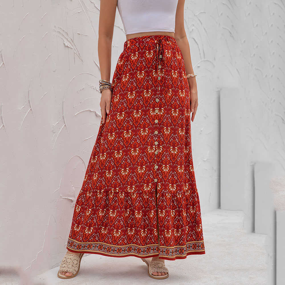 Women Clothing Casual Boho Print Lace Up Maxi Skirts Summer Fashion Empire Loose Long Skirt Green Slit Beach Womens 210621