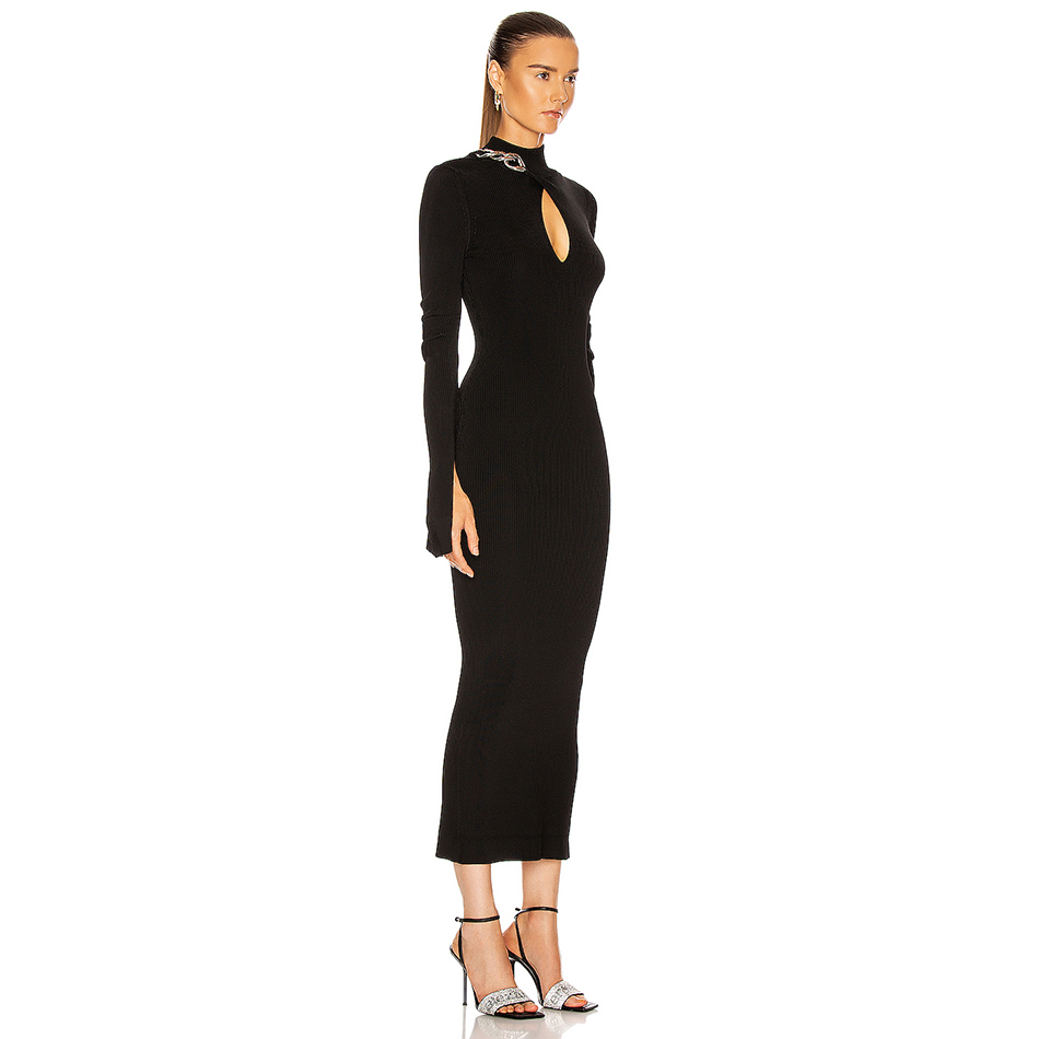 Winter Black Full Sleeve Bodycon Bandage Dress Women Sexy Hollow Out Chain Celebrity Evening Runway Party Dresses 210423