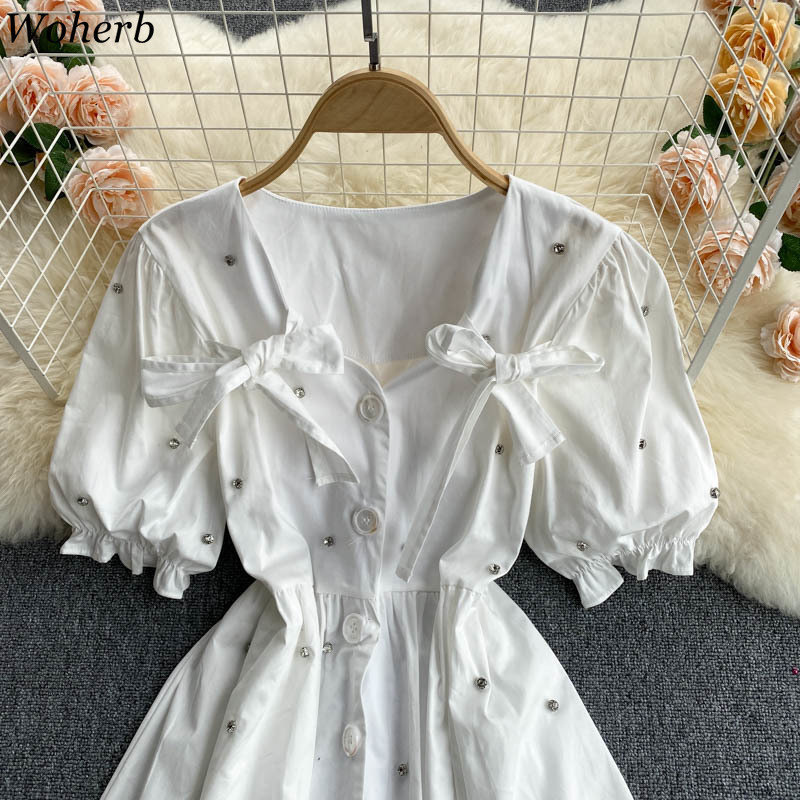 Chic Women Dresses Heavy Diamonds Sweet Vestidos Female Summer Single Breasted Korean Robe Lace Up Bow Slim White Dress 210519