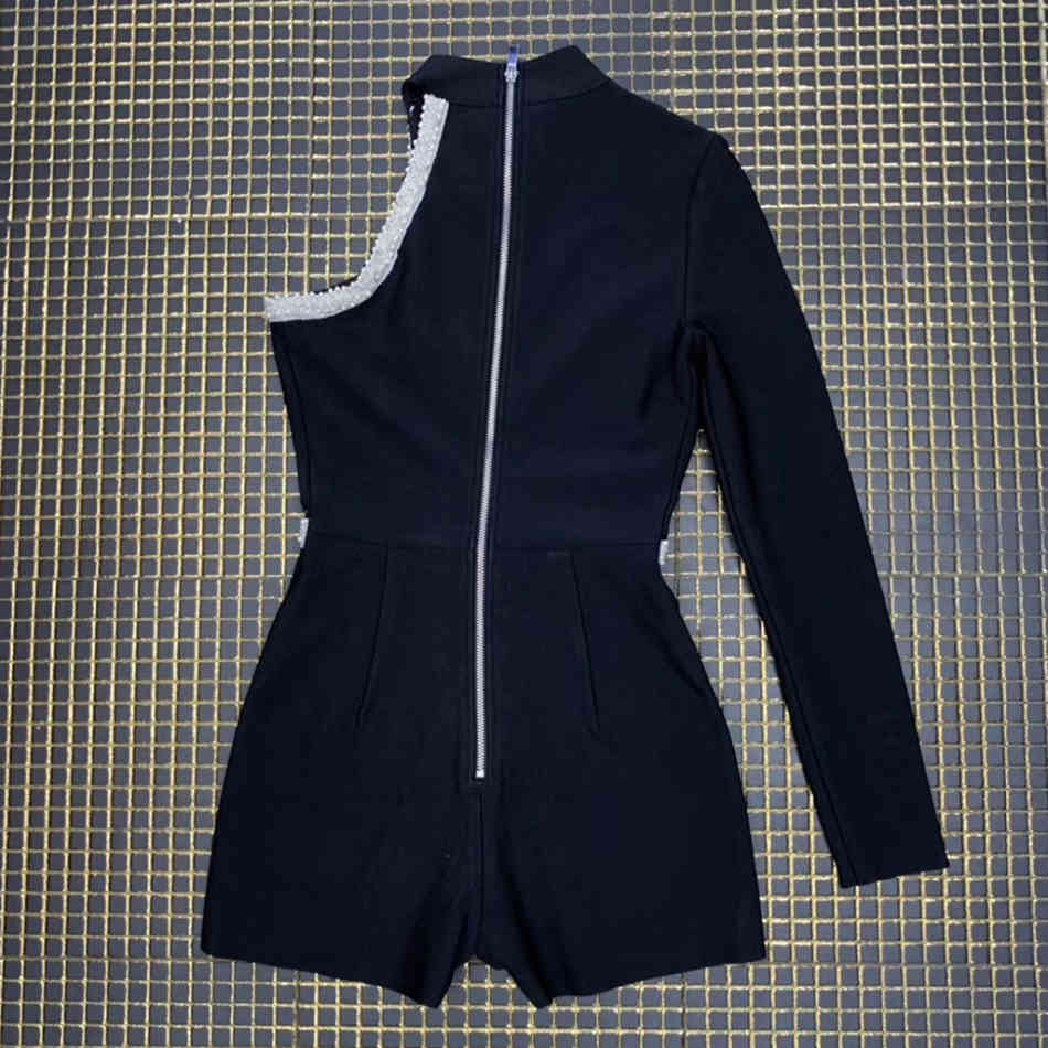 Free Sexy Beading One Shoulder Long Sleeve Black Bandage Summer Women Elegant Bodycon Club Party Jumpsuit Shorts 210524