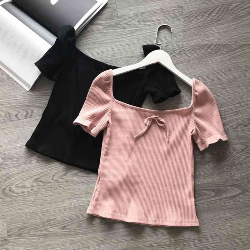 Summer T Shirt Women Tops Kawaii Bow Tie Deep Square Collar Rib T-Shirt with Puff Sleeve Tshirt Vintage White Crop Top 210521