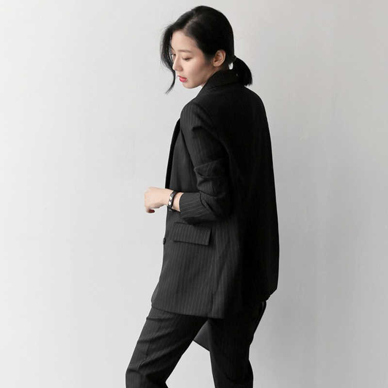 Work Fashion Pant Suits 2 Piece Set for Women Striped Blazer Jacket & Trouser Office Suit Lady Formal 210930