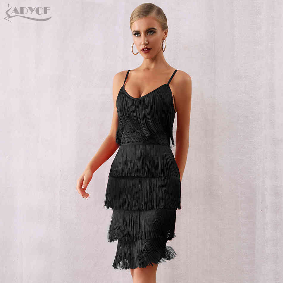 Summer Women Bandage Dress Sexy V Neck Tassels Fringe Red Club Vestidos Elegant Midi Celebrity Party 210423