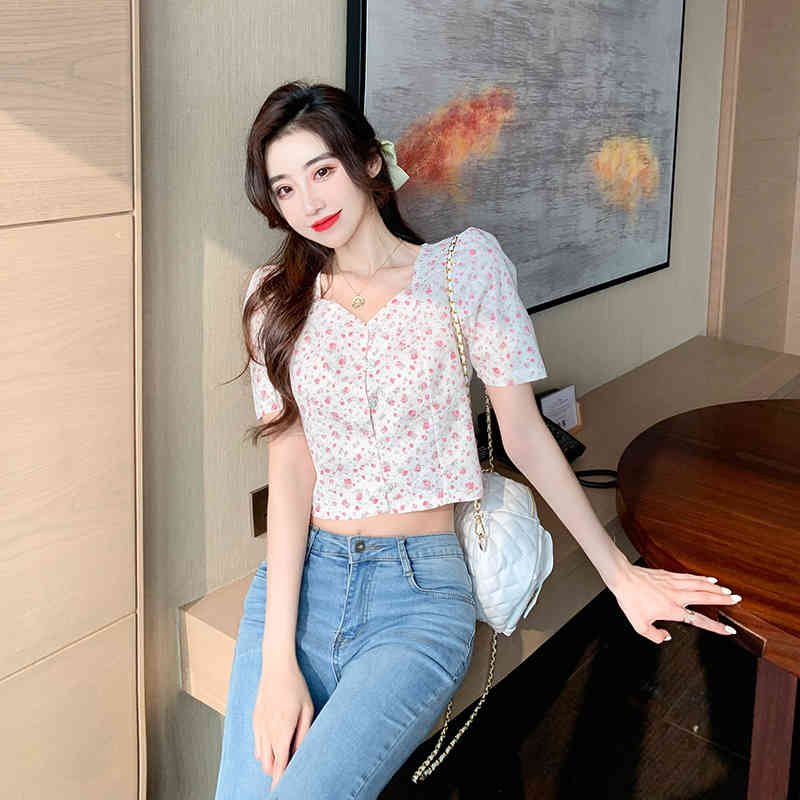 Korean Summer Fashion Sweet Flowers Print Blouses Women Temperament Square Neck Puff Sleeve Short Shirt Tops Female Blusas 210518