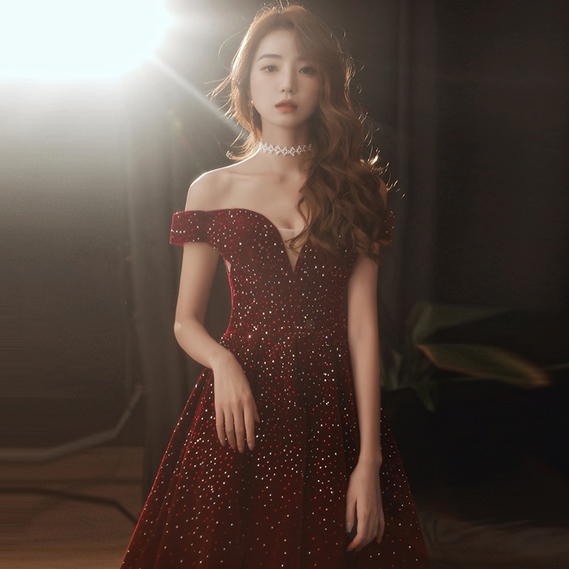 Prom Dress Off the Shoulder Velvet Lace-up Back Party Dresses with Beads