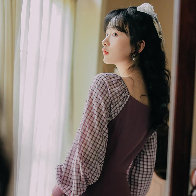 Fashion Women's Clothing Autumn Square Collar Full Plaid Vintage Dresses Women Dress Casual
