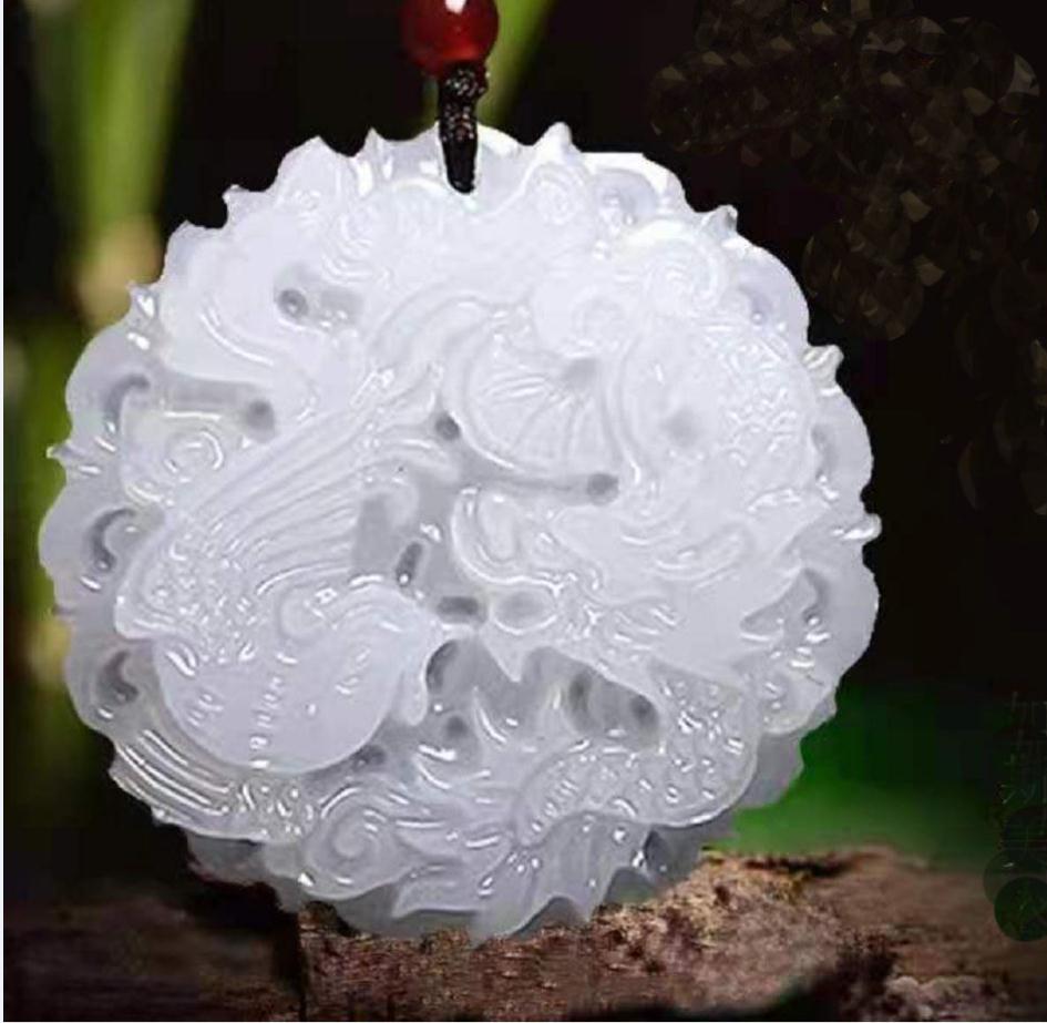 Natural Afghan White Jade Dragon and Phoenix Good Luck Pendant X11555