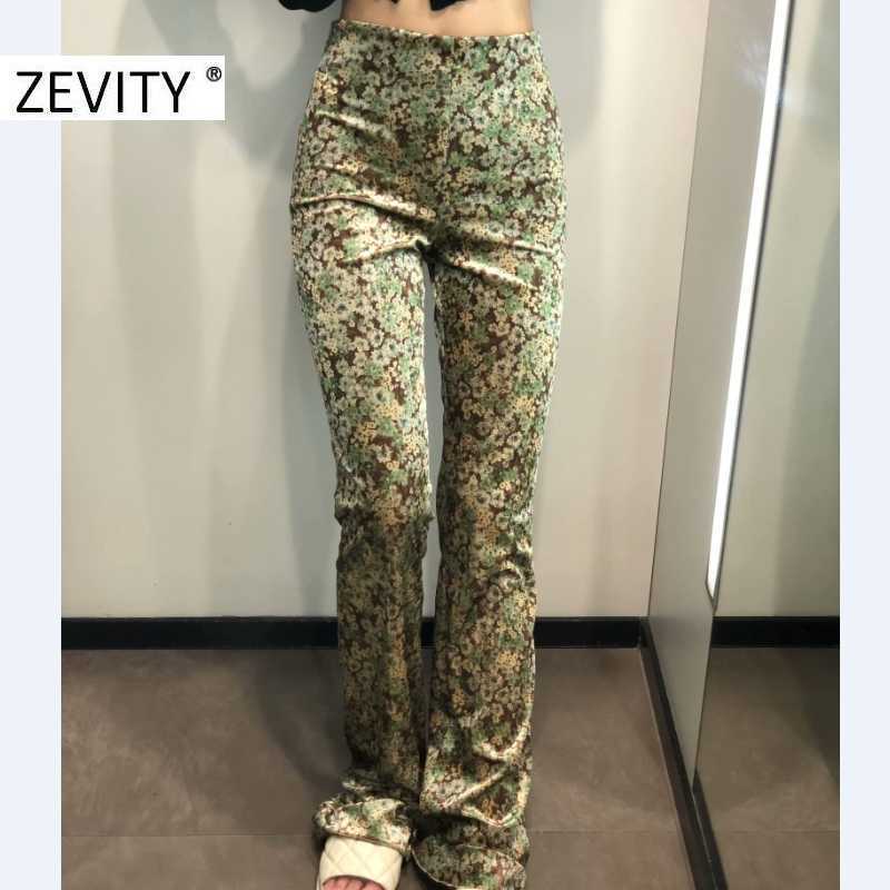 Zevity Women Vintage Flower Print Slim Velvet Pencil Pants Femme Side Zipper Fly Trousers Lady Retro Casual Chic Pants P958 210603