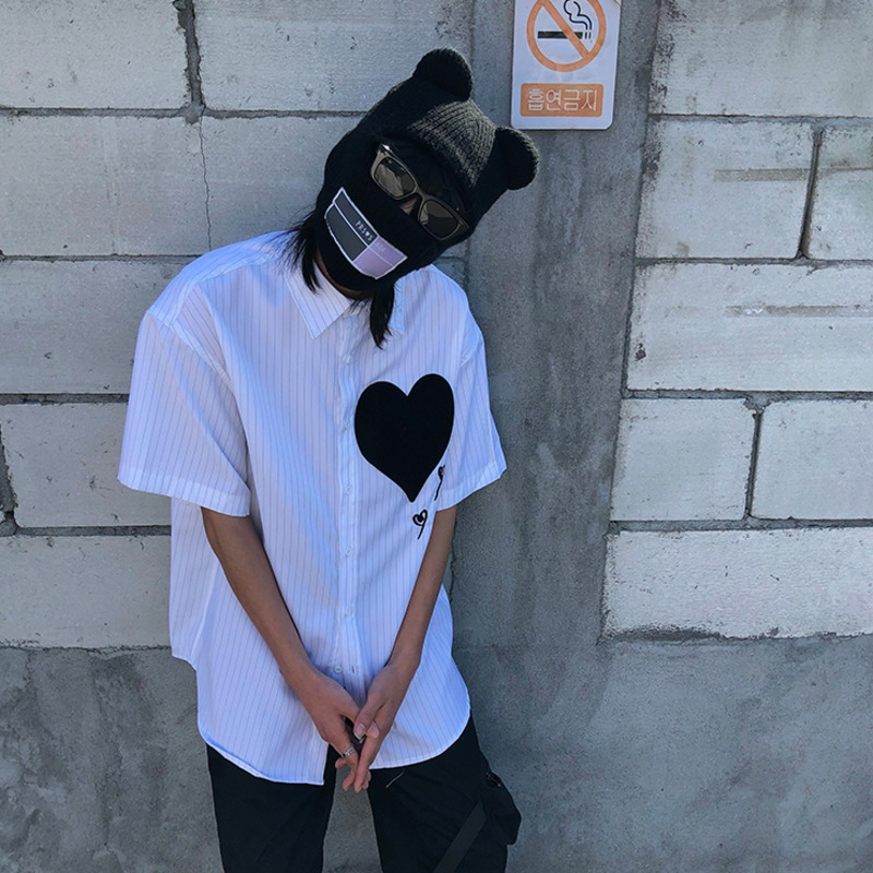 IEFB Men's High Street Love Embroidery High-grade Short Sleeve Shirt Summer Fashion White Striped Shirt Couple 9Y5507 210524