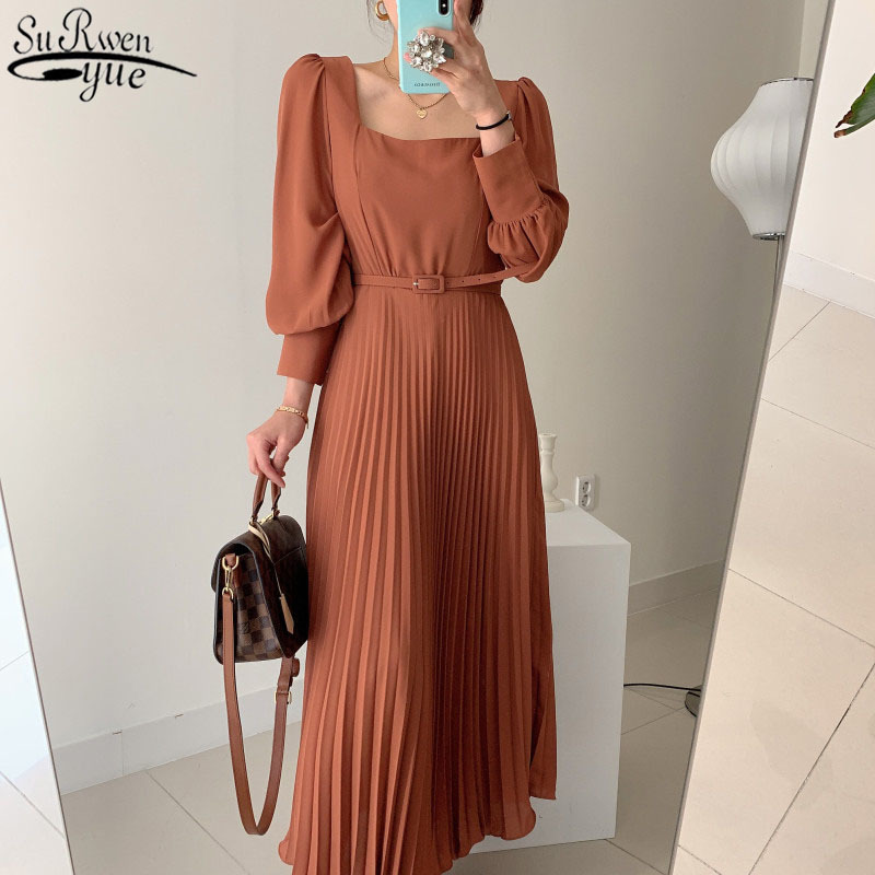 Korea Foreign Style Elegant Thin Square Collar High Waist Women Dress Solid Color Commute Length Pleated with Belt 12801 210427