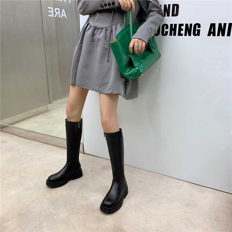 Meotina Women Knee High Riding Boots Platform Flat Shoes Fashion Round Toe Zipper Ladies Long Boots Autumn Winter 33-43 Beige Y0914