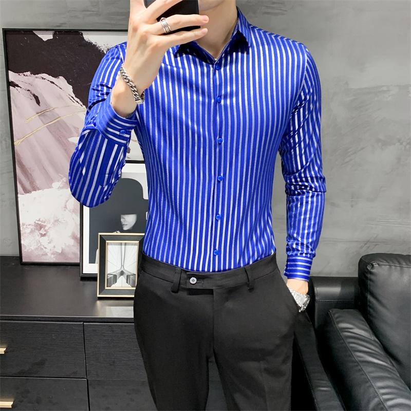 Fashion 2021 Autumn Long Sleeve Men Striped Shirts Korean Slim Fit Casual Blouse Homme Formal Wear Gentlemen Tuxedo Dress Men's