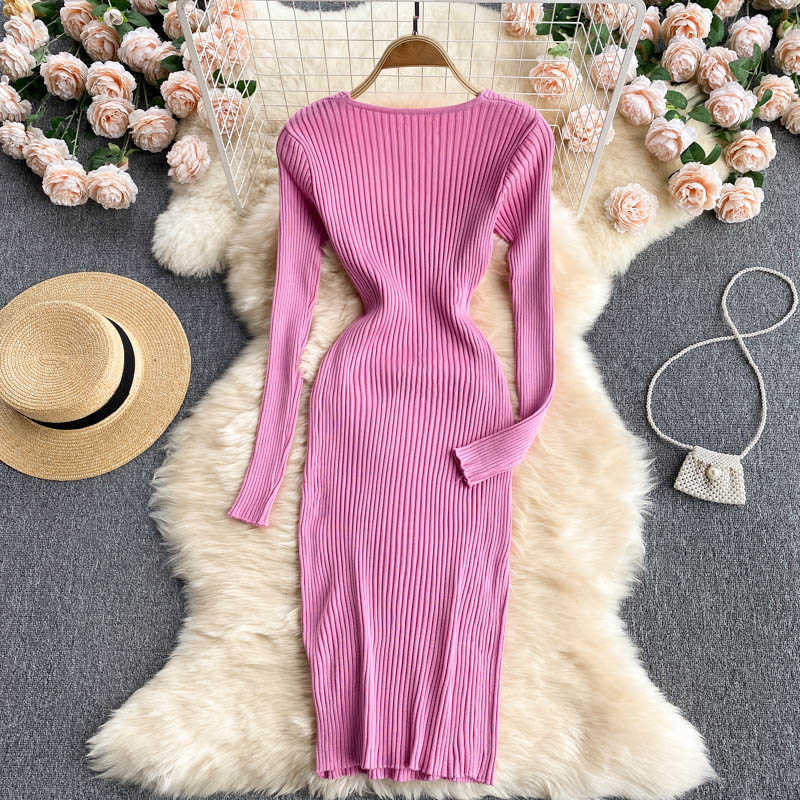 DEAT Women Cross V-neck Knitting Dress Long Sleeve Arrivals Lady Sexy Fashion Temperament Spring Autumn 11D2023 210709