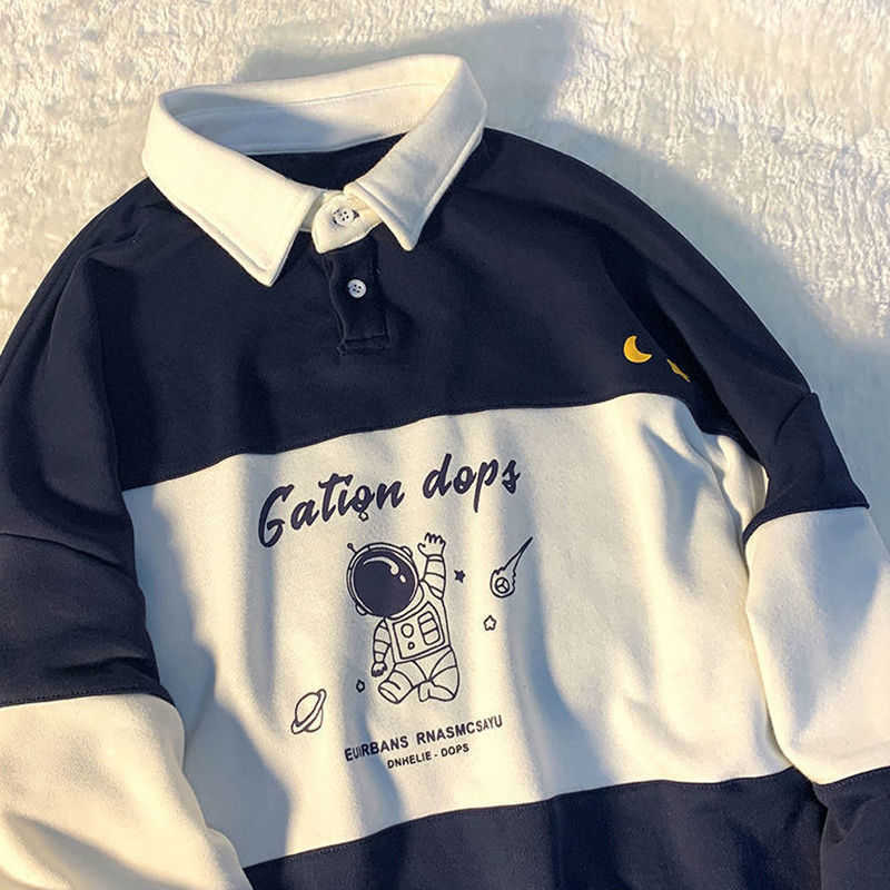 Vintage POLO Collar Letters Print Oversized Sweatshirt Women for Teen Girls Harajuku Spring Korean Kawaii Clothes Pullovers 210826