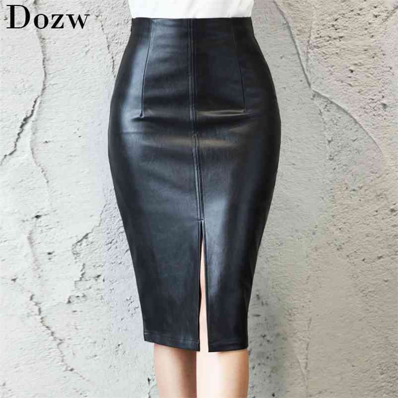 Black Leather Skirt Women Autumn Midi PU Pencil Office Sexy Package Hip Front Or Back Slit Plus Size s 5XL 210515